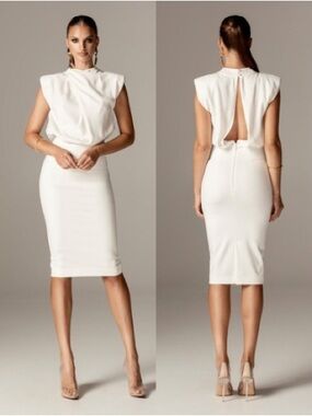Alieva‎ Maxine White Crepe Midi Dress XS US 0-2 Open Back Bridal